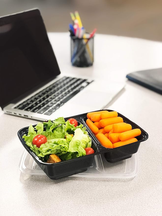 Reli. Meal Prep Containers, 30 oz. (50 Pack) - Black 2 Compartment Food Container with Lid, Microwavable Food Storage | Black Reusable Bento Box/Lunch Box for Meal Prep (30 oz)