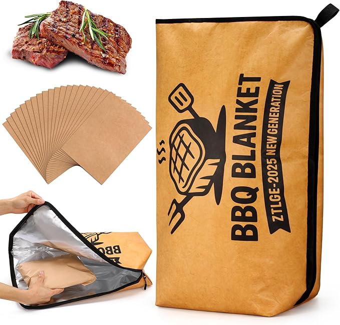 Christmas BBQ Blanket for Resting Meat - 21" Reusable Leakproof 5-Layer Insulated Smoker Bag with 20 Butcher Papers, Smoker Accessories & Gifts for Men (Turkey, Pork, Beef)