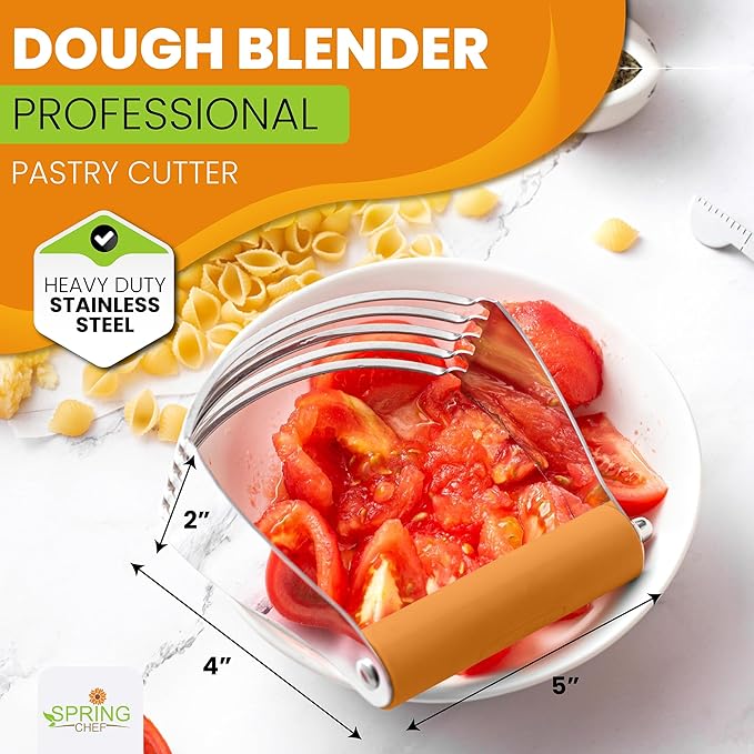 Spring Chef Large Dough Blender For Baking, Professional Dough Cutter Tool, Stainless Steel Puff Pastry Cutter Tool with Sharp Blades, Manual Pastry Blender for Easy Mixing - Dishwasher Safe - Mango