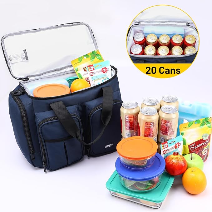 MIER Lunch Box for Men Heavy Duty Insulated Lunch Bag 20 Cans Large Leakproof Soft Cooler Bags with Multiple Pockets for Picnic Work Travel (Navy Blue)
