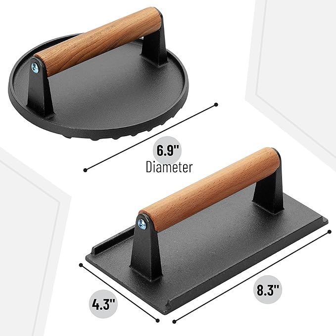 UNCO Cast Iron Grill Press: 6.9' Round & 8.3' x 4.3' Rectangular - Burger & Meat Press, Ideal for Griddles
