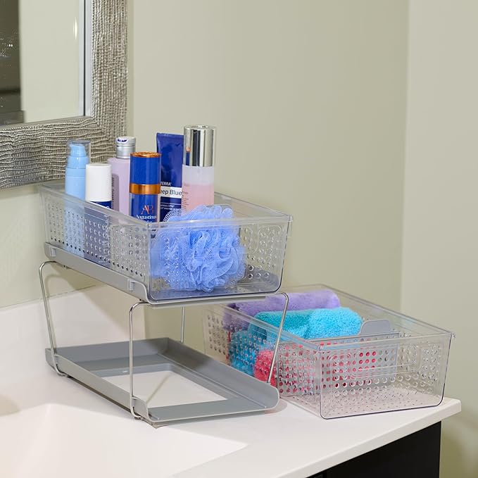 madesmart 2-Tier Organizer, Multi-Purpose Slide-Out Storage with Handles and Dividers for Home and Bath, BPA Free, Clear/Gray