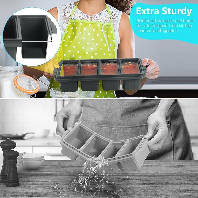Silicone Freezer Tray With Lid - Silicone Freezer Food Molds- Large Ice Cube Tray,Silicone Freezer Container,Freeze & Store Soup, Sauce, Broth,Leftovers - Makes 4 Perfect 1 Cup