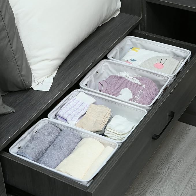 Hinwo 6-Pack Small Canvas Fabric Storage Baskets Set with Handles, Open Storage Bins, Cube Storage Organizer, Shelf Organizer Bins for Closet, 7.9L, 12 x 8 x 5 Inches (Gray Stripe)