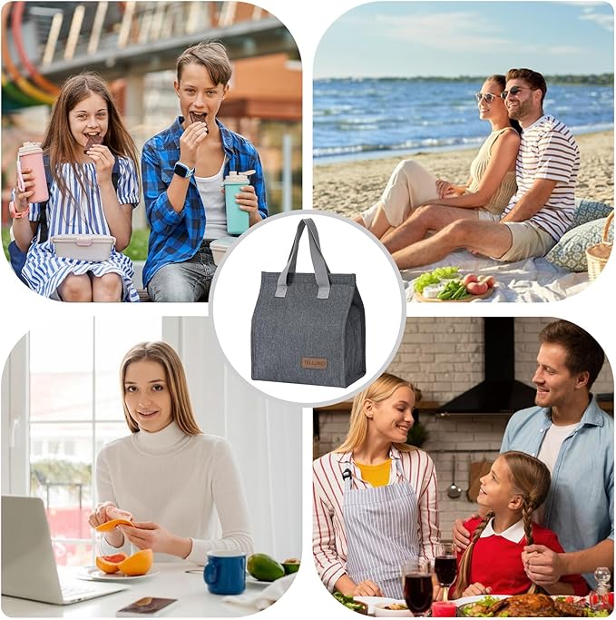 TELLUMO Lunch bag, Insulated Lunch Bag for Women Men Large Lunch Box Container Reusable Leakproof Tote for Office, Work, School, Beach or Travel (Grey)