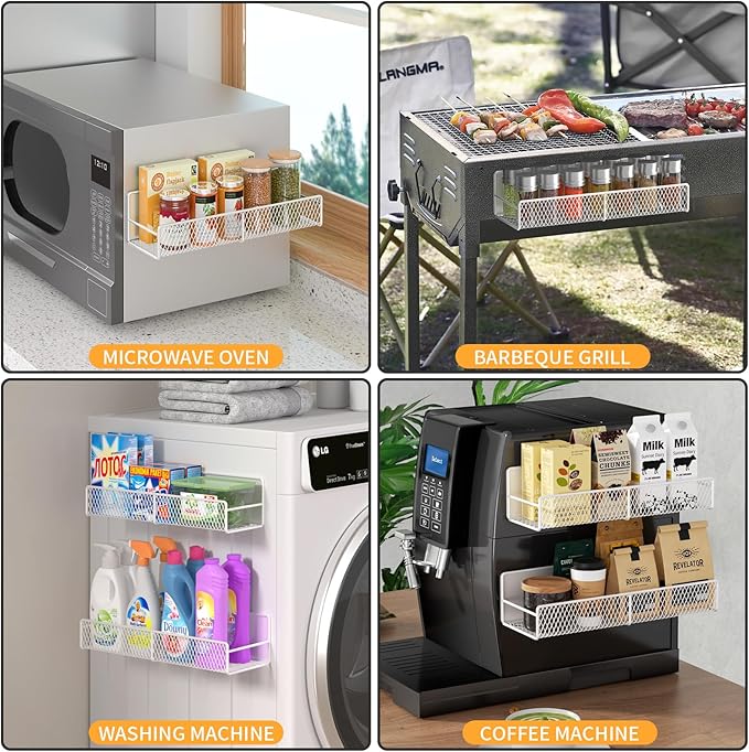 Magnetic Spice Rack for Refrigerator, 4 Pack 100% Metal Strong Magnet Fridge Shelves, Space Saving Spice Organizer, No Drilling Moveable Home Kitchen Laundry Room Storage Organization, White