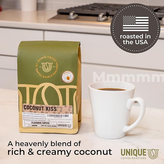 Island Toasted 'Coconut Kiss' Flavored Ground Coffee, 1 LB (16 oz) bag, Medium Roast, 100% Arabica Premium Quality Flavor (Pack of 2)