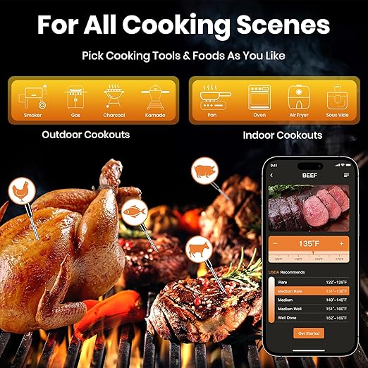 Smart Wireless Meat Thermometer | 4 Probes | Upgraded large LCD Display | Accurate & Stable | long-range Bluetooth App or Host Control for iOS & Android |BBQ,Oven,Grill,Smoker,Air Fryer,Sous Vide