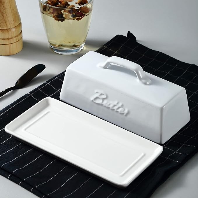 Bruntmor Ceramic Butter Dish With Lid. Butter Holder/ Tray/ Storage With Lid And Handle. Porcelain Butter Keeper For Countertop. Butter Dish With Cover In White Color.