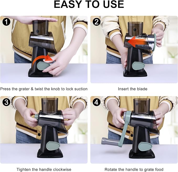 Kaishun Cheese Grater Rotary Grater Sredder Stainless Steel with Vacuum Suction Base Madonline Multi Functional Kitchen Tool Perfect for Easy Shredding and Slicing, Hands Safe Blade Black