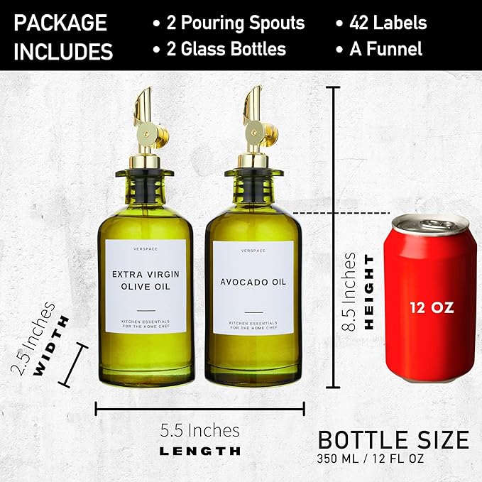 Green Glass Olive Oil Dispenser Bottles For Kitchen,Avocado Oil Dispenser Set, Modern Decor, Gold Kitchen Accessories for Home, Airbnb, Cafe (Gold, Set of 2)