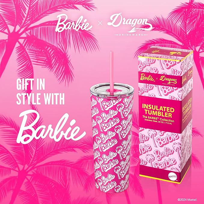 Dragon Glassware x Barbie 24 oz Insulated Stainless Steel Tumbler with Lid and 2 Straws - Travel Coffee Tumbler Cup to Keep Drinks Hot or Cold, Fits Cup Holders - Palm Trees