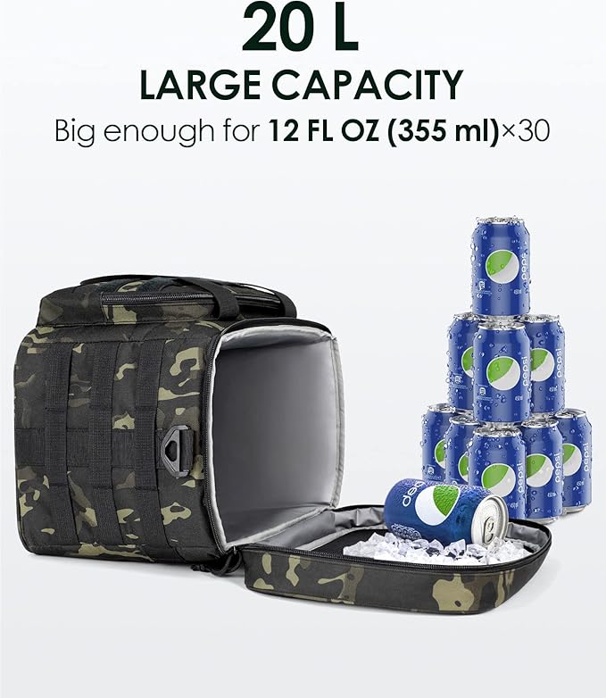 TACTICISM Tactical Lunch Box for Men, 30 Cans Leakproof Lunchbox, Insulated Lunch Bag, Portable Soft Cooler with Detachable Molle Pouch, Black Camo