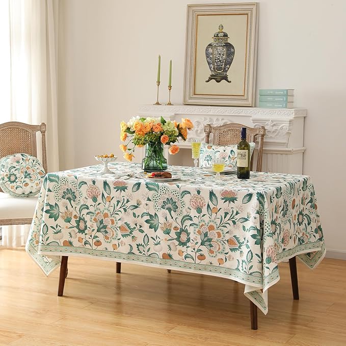 patdrea Designer French Green Table Cloth for Rectangle Table,Vintage Italian Floral Country Linen Extra Long Tablecloth,Decor Cover for Kitchen Dining,Christmas,Thanksgiving,67"x118"-Tree Life