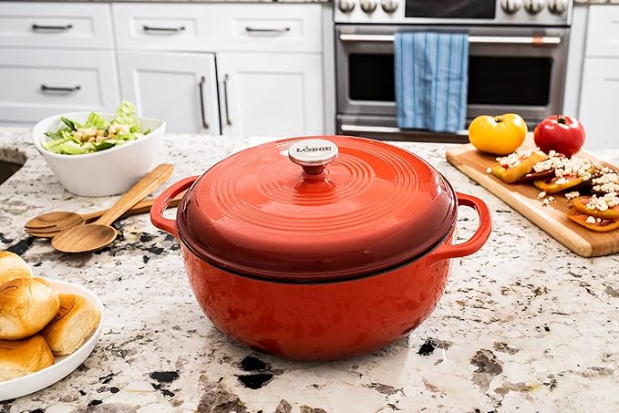 Lodge 7.5 Quart Enameled Cast Iron Dutch Oven with Lid – Dual Handles – Oven Safe up to 500° F or on Stovetop - Use to Marinate, Cook, Bake, Refrigerate and Serve – Poppy