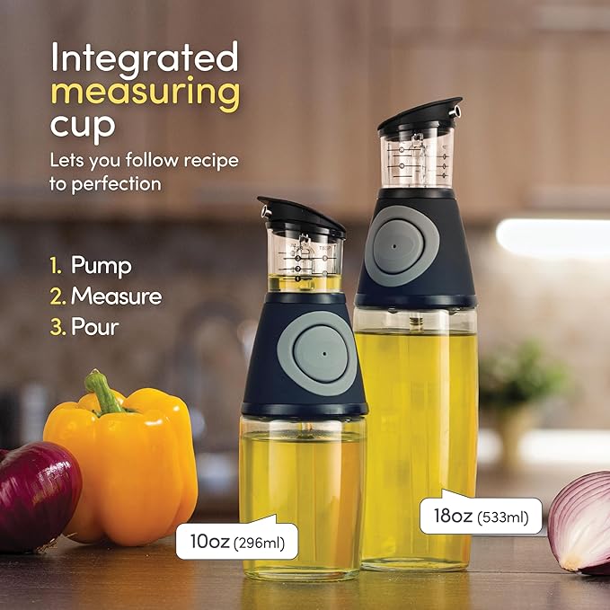 Belwares Olive Oil Dispenser Bottle with Pump - Oil Dispenser for Kitchen, Glass Oil and Vinegar Dispenser Set, Measured Cruet for Cooking - Ideal Oil Bottles for Kitchen Gadgets & Gifts, 2 Pack