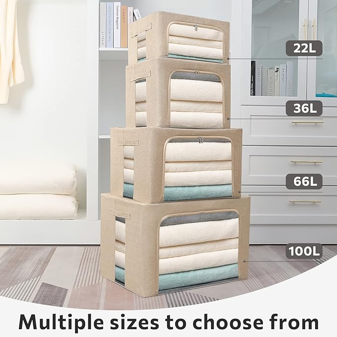 FHSQX 2 Pack Clothes Storage Bins Stackable Metal Frame Storage Box Foldable Linen Fabric Box Organizer with Carrying Handles and Clear Window (Beige, 15.7x 11.8x 11.7 Inch)