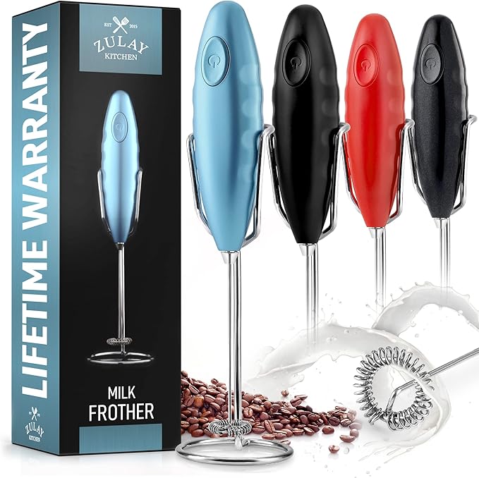 Zulay Double Grip Milk Frother with Holster Stand – Handheld Electric Coffee Frother, One-Touch Foam Maker – Detachable SS Whisk for Latte, Cappuccino, Matcha, Hot Chocolate – Metallic Ice Blue