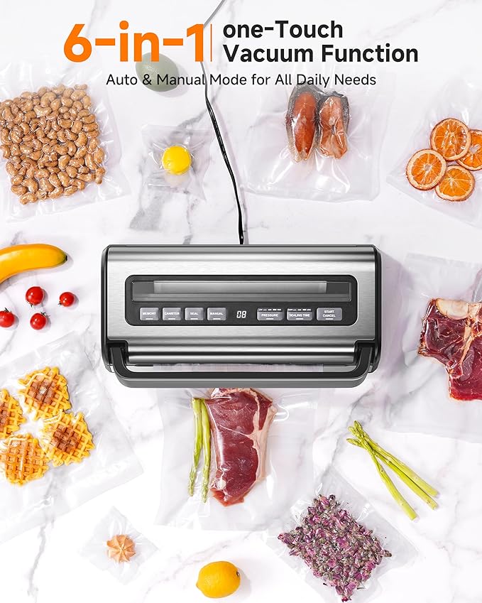 95KPa Automatic Vacuum Sealer, 9-in-1 Food Sealer for Dry/Moist/Liquid Foods, Double Heat Seal & Pump, Includes Bag Rolls & Hose, Built-in Cutter, Stainless Steel