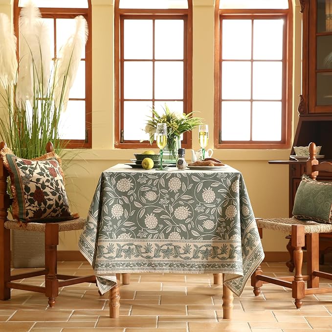 ISAENNE Designer Grayish Green Linen Table Cloth Rectangular,Floral Elegant Stain Resistant Tablecloth,Fall Vintage Decor Tablecloths for Dining Thanksgiving Kitchen Party,55"*87"-Andrew A