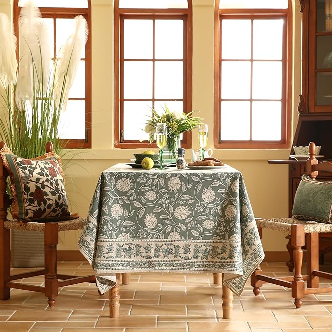 ISAENNE Designer Grayish Green Linen Square Tablecloth,Floral Elegant Stain Resistant Table Cloth,Fall Vintage Decor Tablecloths for Dining Thanksgiving Kitchen Tea Party,67"*67"-Andrew A