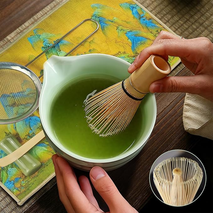 9 Pcs Matcha Whisk Set 18OZ Japanese Matcha Tea Set Includes Matcha Bowl with Spout,Cups,Bamboo Whisk,Ceramic Chasen Holder,Tea Towel, Bamboo Scoop and Sifter Matcha Kit Gift for Ceremony Christmas