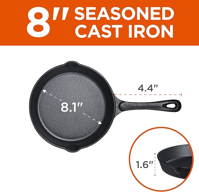 Commercial CHEF 3-Piece Cast Iron Skillet Set – 6 inch, 8 inch, and 10 inch - Pre-seasoned Cast Iron Cookware, Black