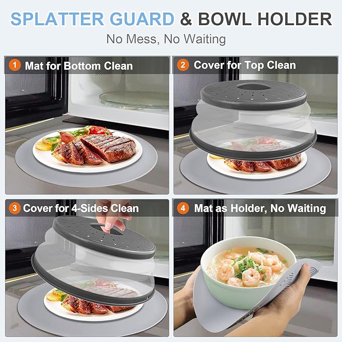 Pack 2, LekDrok Microwave Food Cover with Mat 12 Inch, Mat as Bowl Holder, Cover for Splatter Guard, Collapsible Lid for Plate, Multi-Use Silicone Mat & Kitchen Colander Gadget for Meal Prep, Charcoal
