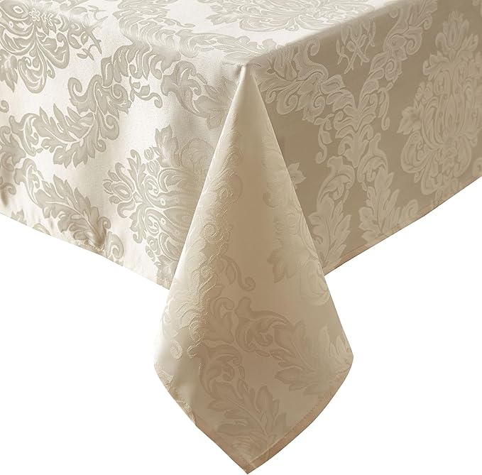 Newbridge Barcelona Luxury Damask Fabric Tablecloth, 70” Extra Wide x 90” Rectangle, Golden Beige, 100% Polyester, No Iron, Soil Resistant Dining Room, Party and Banquet Table Cover