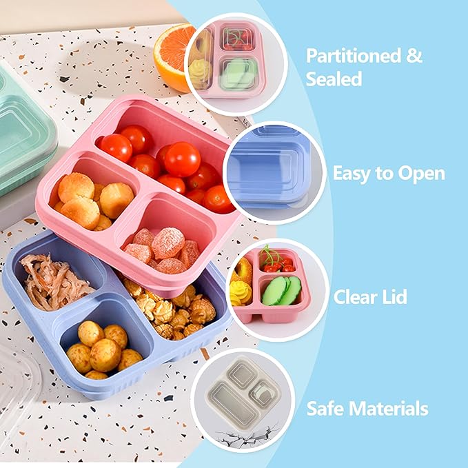 Finorder 4 Pack Wheat Straw Containers, Pastel Multi-color 3 Compartment Reusable Snack Bento Box Toddler, Square Meal Prep Food Containers for Kids, Adults, Office and Travel