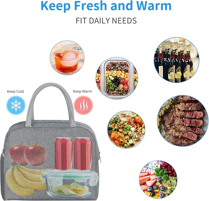 DALINDA Lunch Bag Lunch Box for Women Men Reusable Insulated Cooler Lunch Tote Bags, Leakproof Cute LunchBag Large Capacity for Work Travel Picnic,Grey