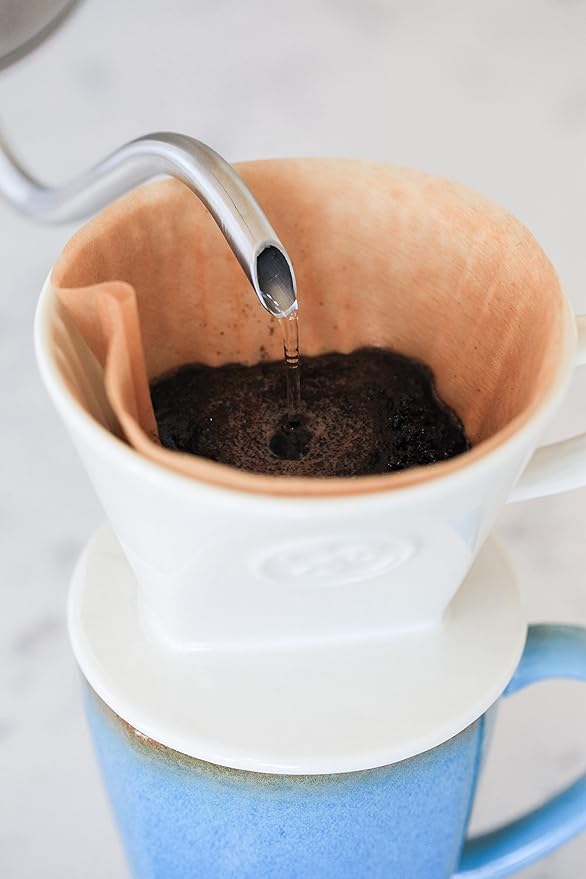 Simply Charmed Ceramic Pour Over Coffee Maker with 40 Count Melitta Filters - Elegant Single Serve Coffee Dripper for Rich Brewed Pour Over Coffee - Base Measures 4", Height 3" - Brews 8-16 oz
