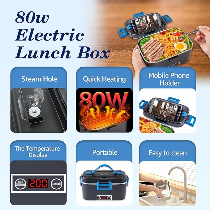 Nifogo Electric Lunch Box for Adults 80W with Temperature Display Heated Lunch Box Food Warmer Lunch Box 1.8L Stainless Steel Container&Bag 12V/24V/110V for Car/Truck/Work(Blue)