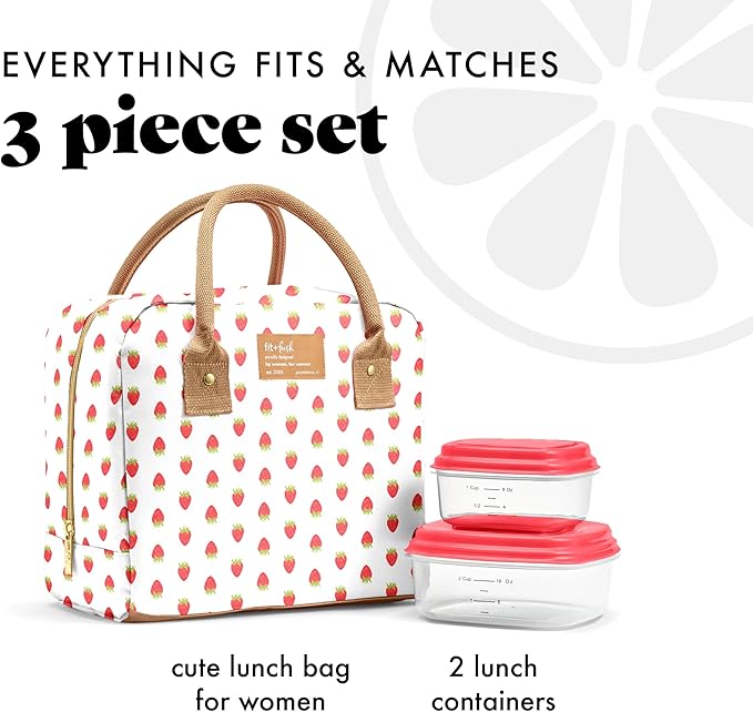 Fit & Fresh Bloomington Lunch Bag for Women - Insulated Large Lunch Box for Work with Containers, Leak-Resistant, Stain-Resistant, Zipper Closure, Strawberry