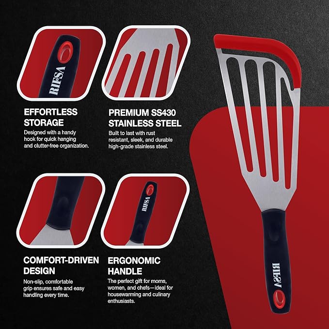 Fish Spatula Set of 2, Stainless Steel Fish Spatulas with Heat-Resistant Silicone Tips, Non-Scratch Design for Non-Stick Cookware, Silicone Slotted Spatula for Frying, Flipping Fish, Eggs & Pancakes