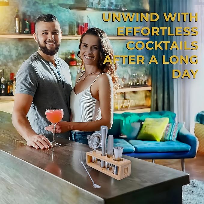 Bar Tool Set, Premium 6-Piece Bartender Tools – Effortlessly Mix Cocktails After a Long Day – Includes Jigger, Strainer, Muddler, Ice Tongs, Spoon, and Holder (Shaker Not Included)