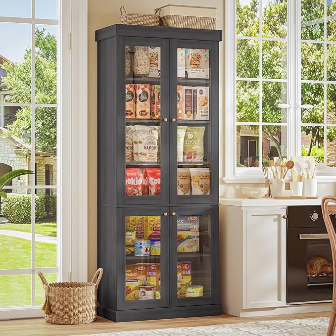 70.8" Tall Farmhouse Bookshelf with Glass Doors, Modular Bookcase with 6-Tier Adjustable Shelves, Large Storage Cabinet for Kitchen, Living Room, Black, Set of 3