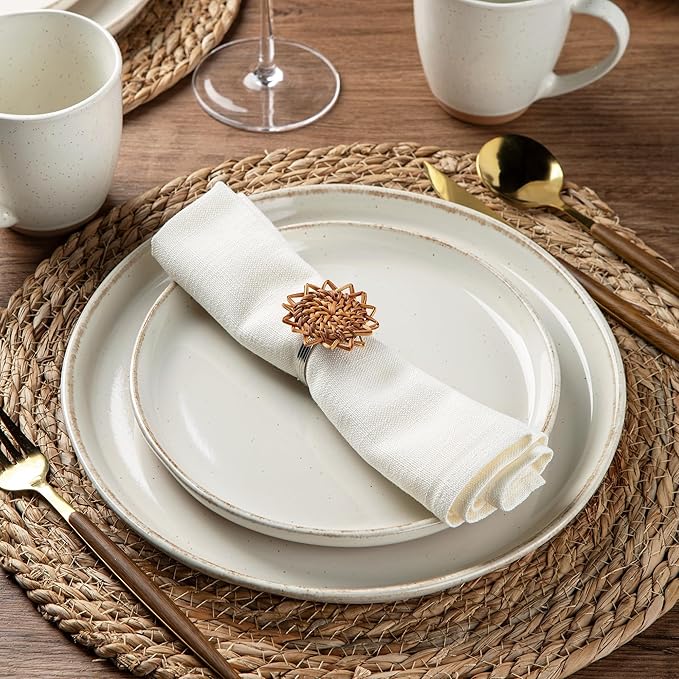AmorArc Ceramic Dinnerware Sets for 4, 12 Pieces Handpainted Plates and Bowls Set with Rustic Terracotta Underside, Scratch Resistant Stoneware Dishes Set, Dishwasher & Microwave Safe, Beige