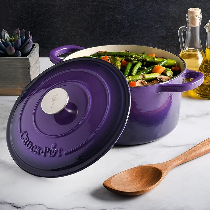 Crock-Pot Artisan 5-Quart Round Enameled Cast Iron Dutch Oven – Lavender Purple, Durable Heavy-Duty Cookware for Slow Cooking, Roasting, Baking with Lid