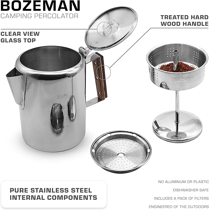 COLETTI Bozeman Percolator Coffee Pot — NO Aluminum or Plastic [12 cup]
