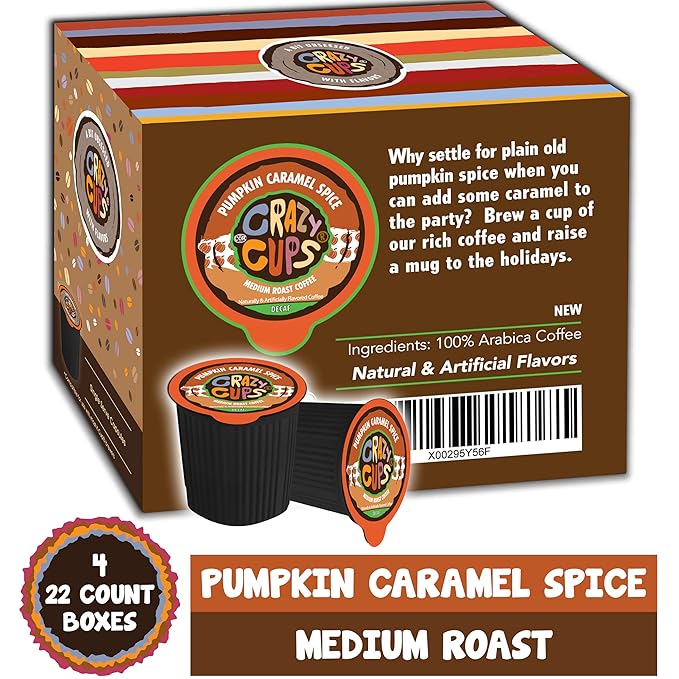 Crazy Cups Decaf Flavored Recyclable Single Serve Decaffeinated Pumpkin Caramel Spice Coffee Pods for Keurig K Cups Machines, Brew Hot or As Iced (88 Count, Pack of 4)