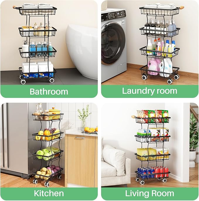 Fruit Basket Kitchen Pantry Organizers and Storage - 4 Tier Stackable Metal Wire Basket Stand for Fruit Vegetable Snacks Jars Bins Containers Organization, Black