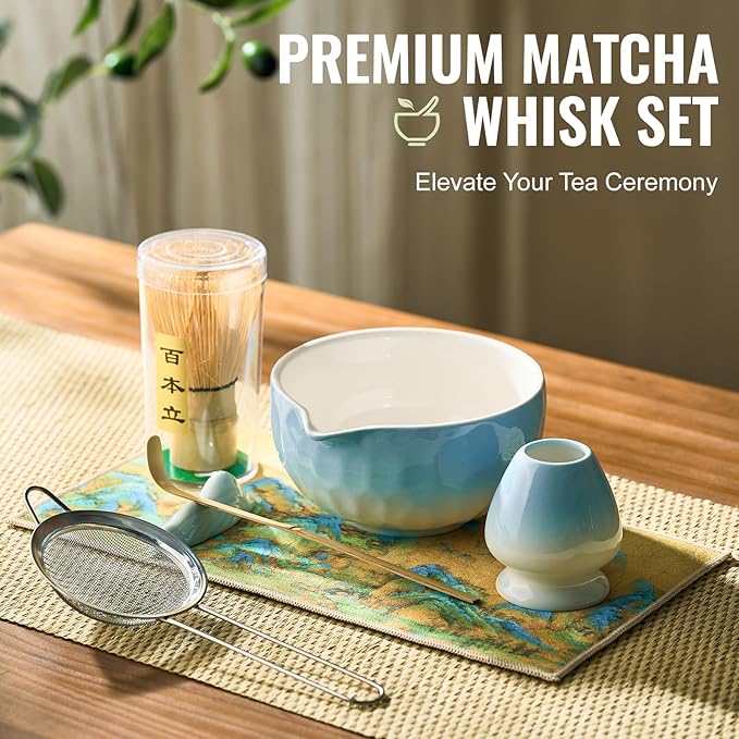 Matcha Whisk Set 7 Pcs Matcha Sets Blue, matcha Kit with Bowl, Whisk and Holder, Bamboo Scoop, Scoop Rest, Sifter & Tea Towel, Tea Gifts for Matche Lovers Making Breakfast Latte