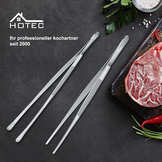 HOTEC Kitchen Tweezers Tongs Stainless Steel Professional Chef Tweezers, Set of 2-12inch Extra-Long Food Tongs for Cooking,Grill and Baking