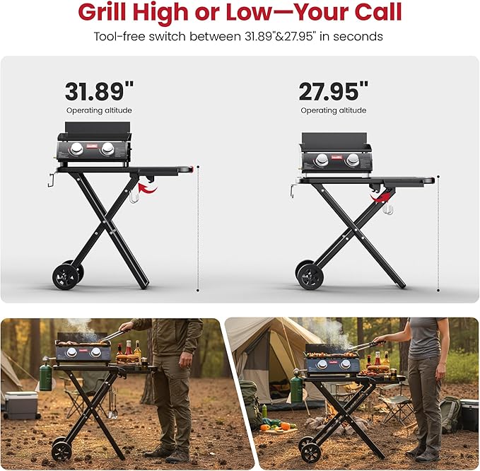 Portable Propane Gas Griddle with Collapsible Stand, Non-Stick Enameled Cast Iron, 342 SQ.IN Cooking Space, 2 Burners Flat Top Griddles for Camping, Tailgating, Outdoor Cooking