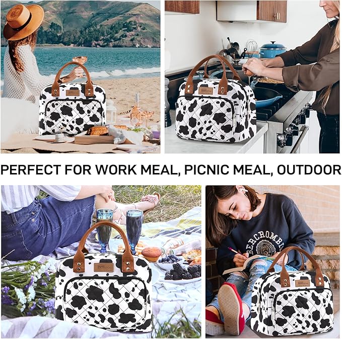 HOMESPON Lunch Bag for Woman Man Adults with Front Pocket Insulated Lunch Tote Lunch Box Container for Work Picnic or Travel(Cow)