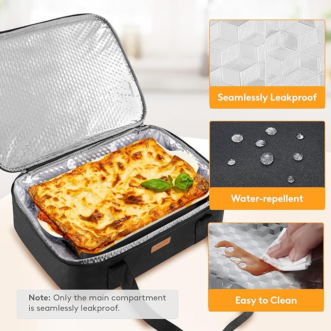LUNCIA Double Decker Insulated Casserole Carrier for Hot or Cold Food, Lasagna Holder Tote for Potluck Parties/Picnic/Cookouts, Fits 9"x13" Baking Dish, Black