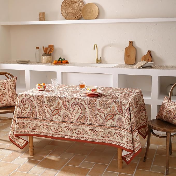 ISAENNE Designer French Red Square Tablecloth,Fall Linen Table Cloth with Cashew Pattern,Stain Proof Decor Tablecloths for Dining Thanksgiving Kitchen Christmas,67"*67"-Chauffrey D