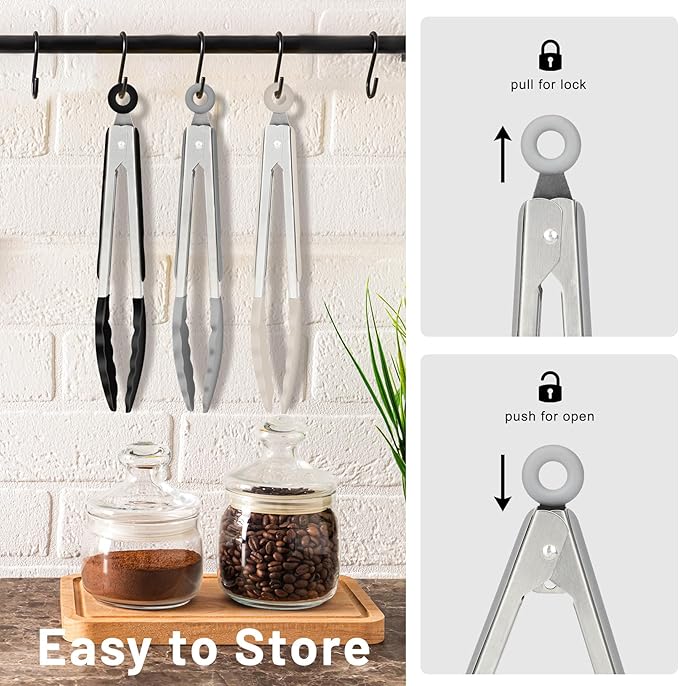 Hotec Mini Silicone Kitchen Tongs for Cooking - 7-Inch Small Serving Tongs with Silicone Tips, Set of 3 (Black,Grey,Khaki)