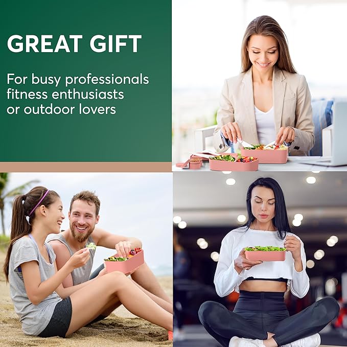 Umami Lunch Box Containers w/ 4 Utensils, Sauce Jar, Nestable Space-Saving Bento Box Adult, 100% Leakproof, Microwavable Lunch Containers for Adults, Design Award Winner, Coral Pink, 30 oz